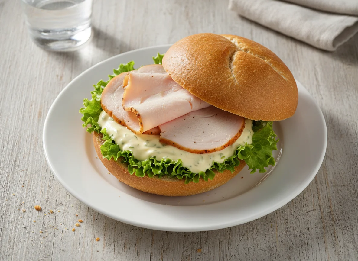 Belegtes Brötchen mit Putenbrust und Salat photo