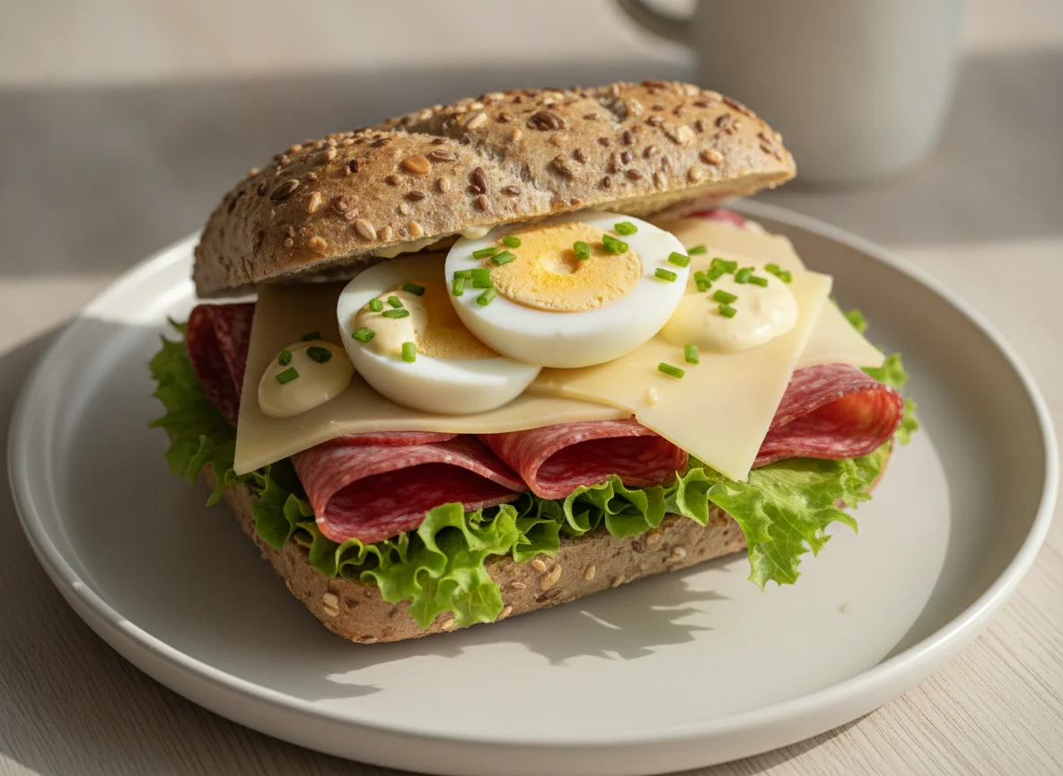Belegtes Brötchen mit Salami, Käse und Ei photo
