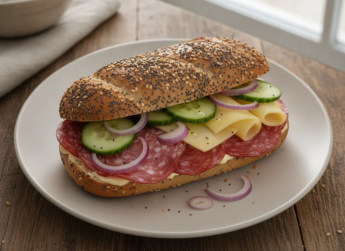 Belegtes Brötchen mit Salami, Käse und Gemüse photo