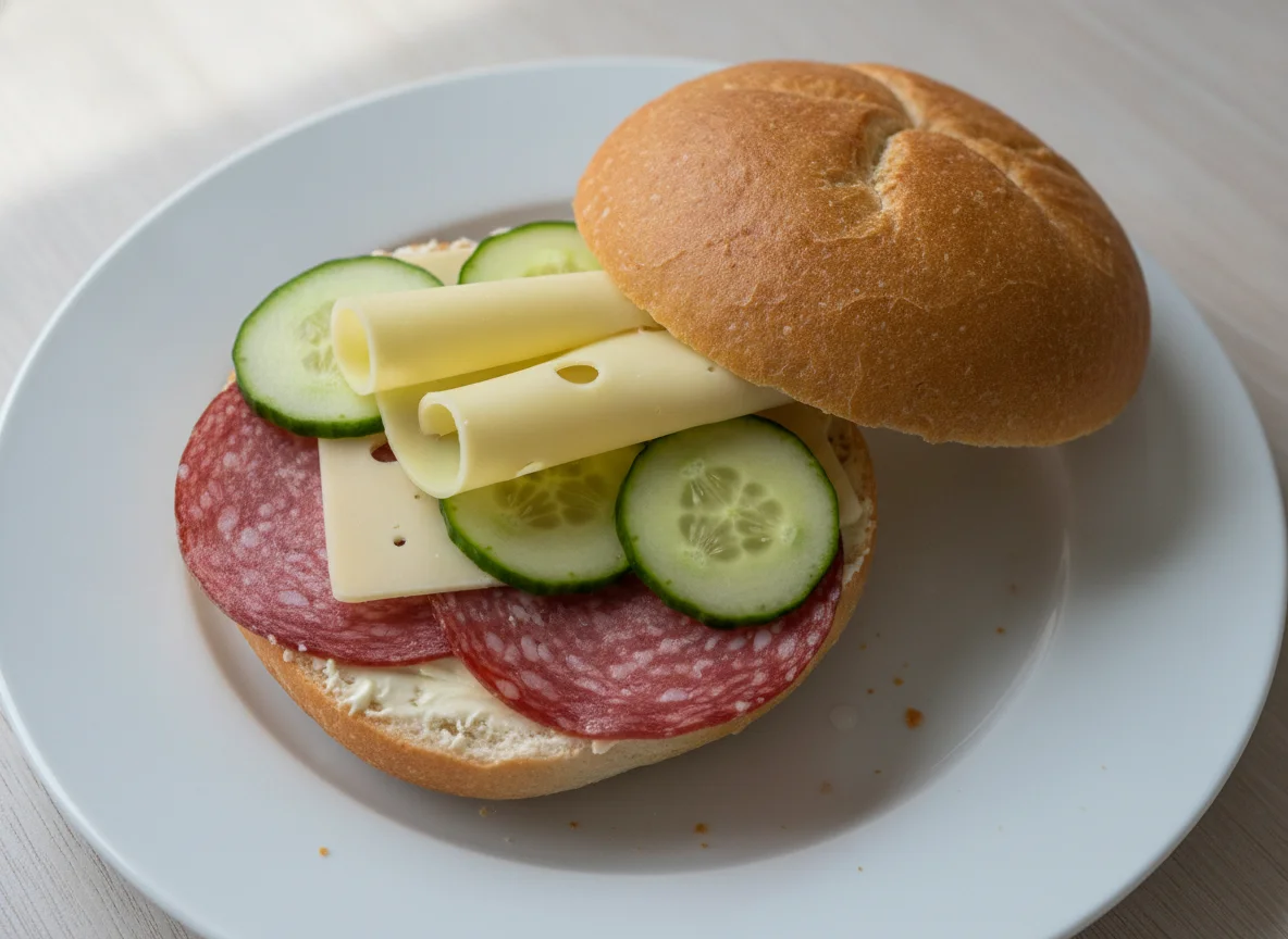 Belegtes Brötchen mit Salami, Käse und Gurke photo