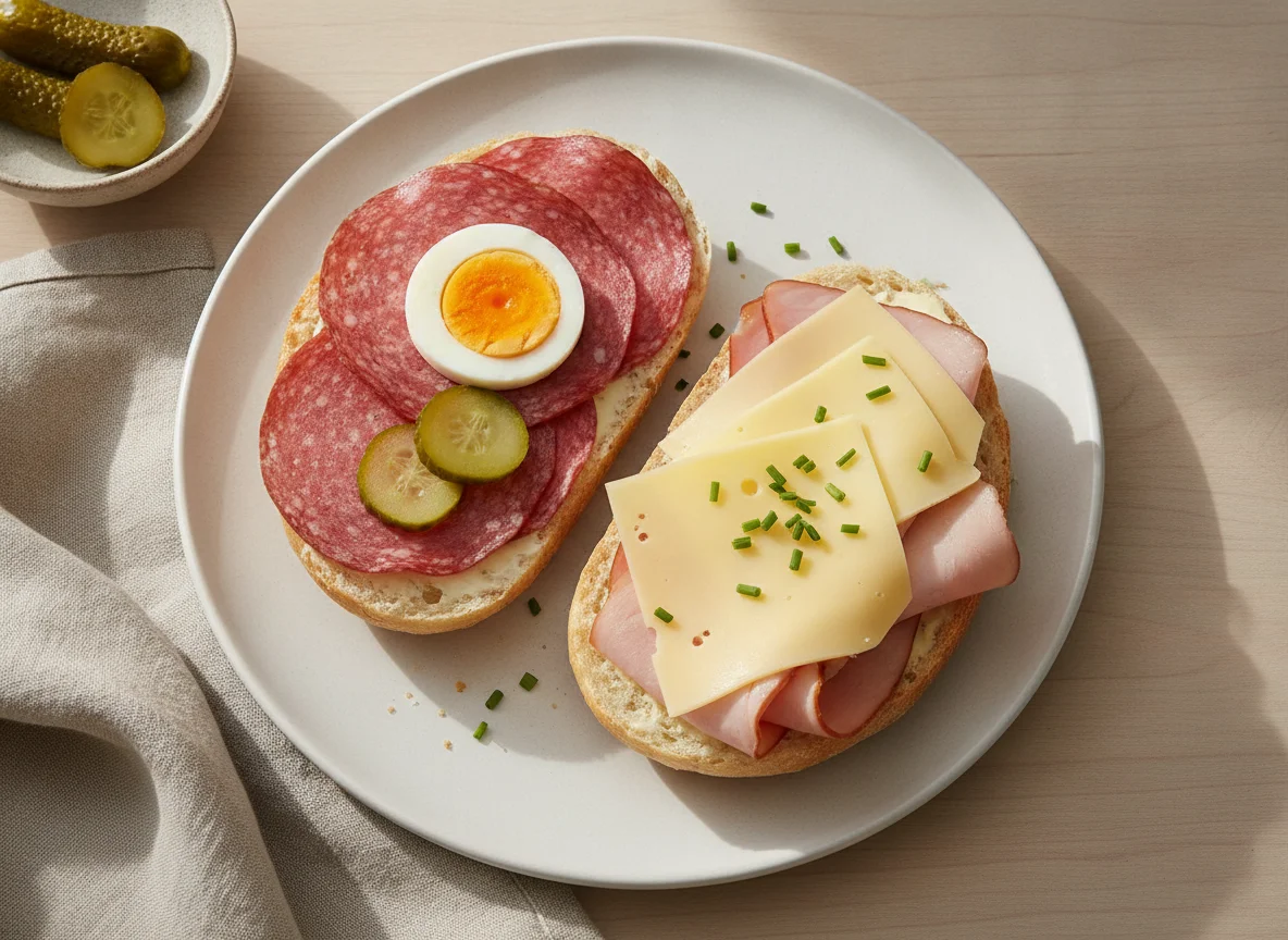 Belegtes Brötchen mit Salami, Schinken und Käse photo