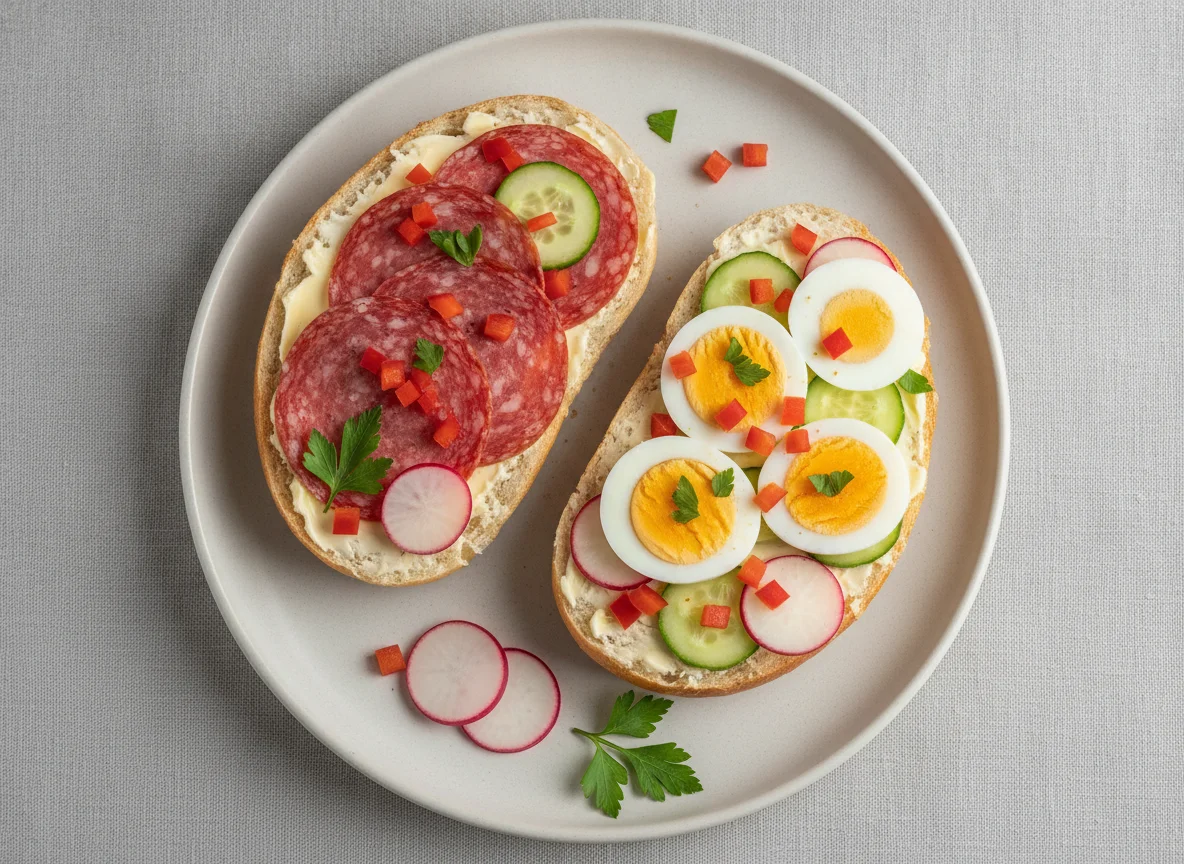 Belegtes Brötchen mit Salami und Ei photo