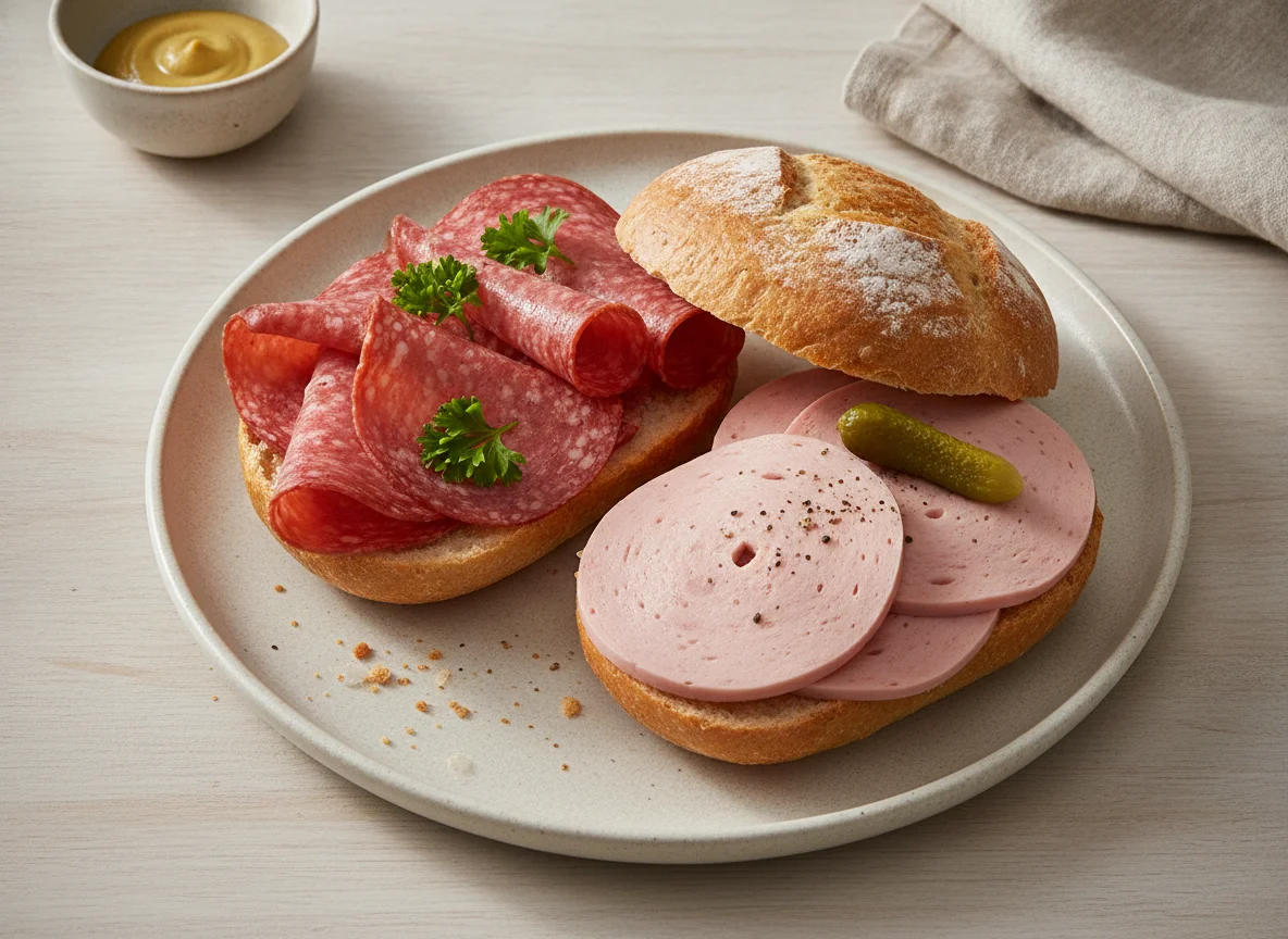 Belegtes Brötchen mit Salami und Fleischwurst photo