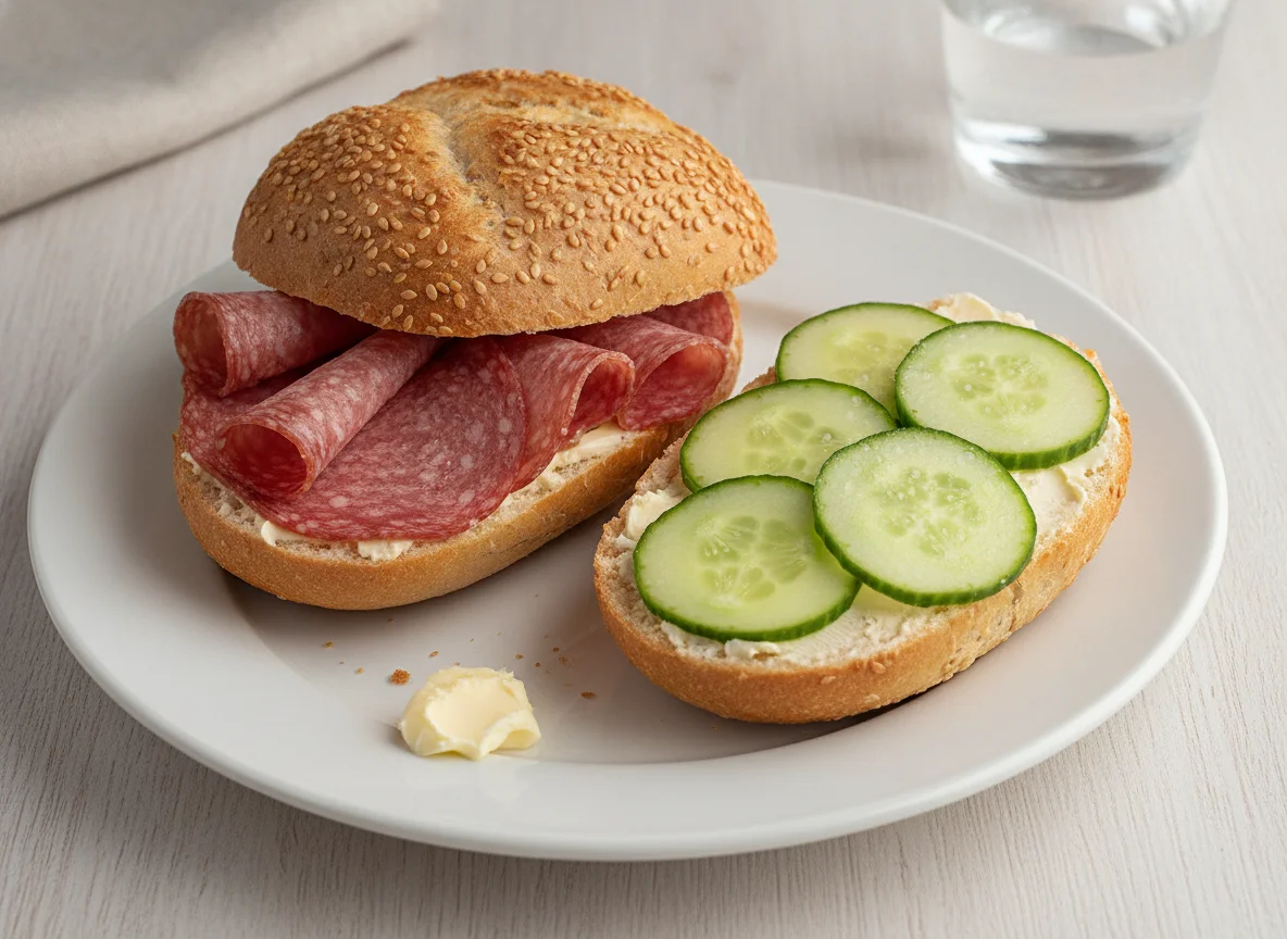 Belegtes Brötchen mit Salami und Gurke photo