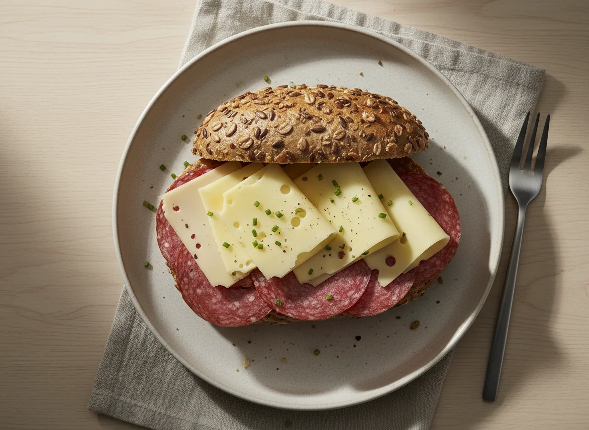 Belegtes Brötchen mit Salami und Käse photo