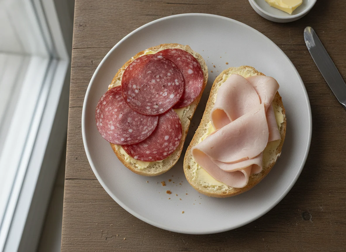 Belegtes Brötchen mit Salami und Putenbrust photo