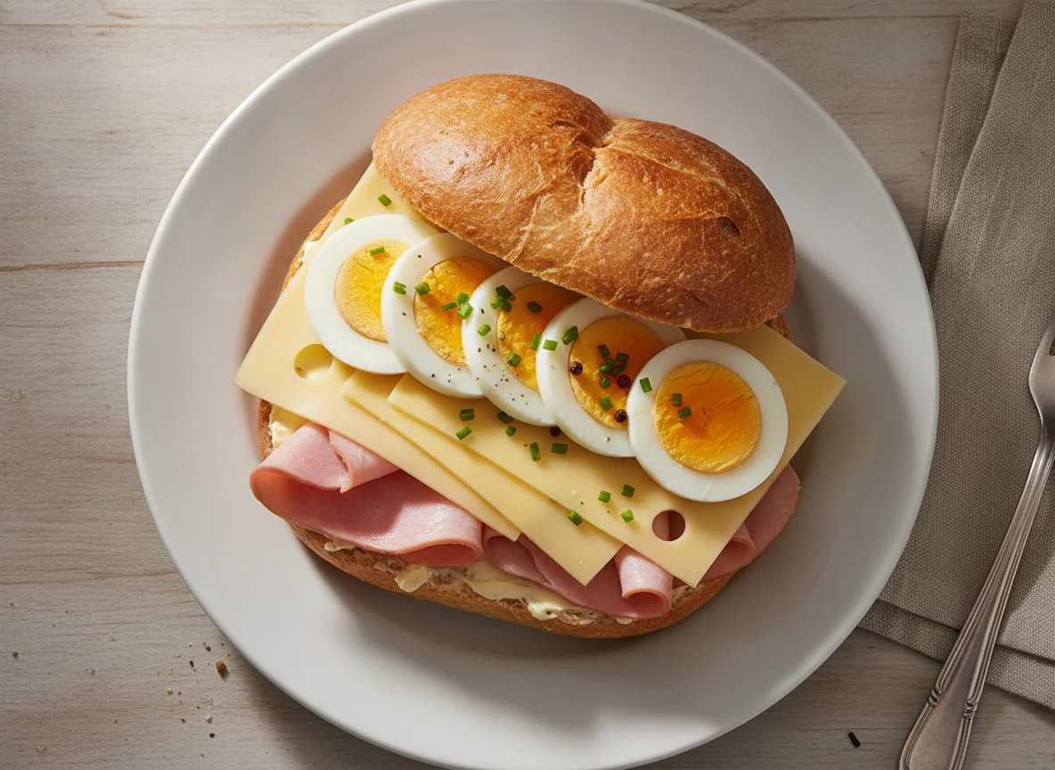 Belegtes Brötchen mit Schinken, Ei und Käse photo