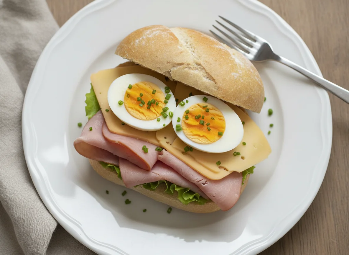 Belegtes Brötchen mit Schinken, Käse und Ei photo