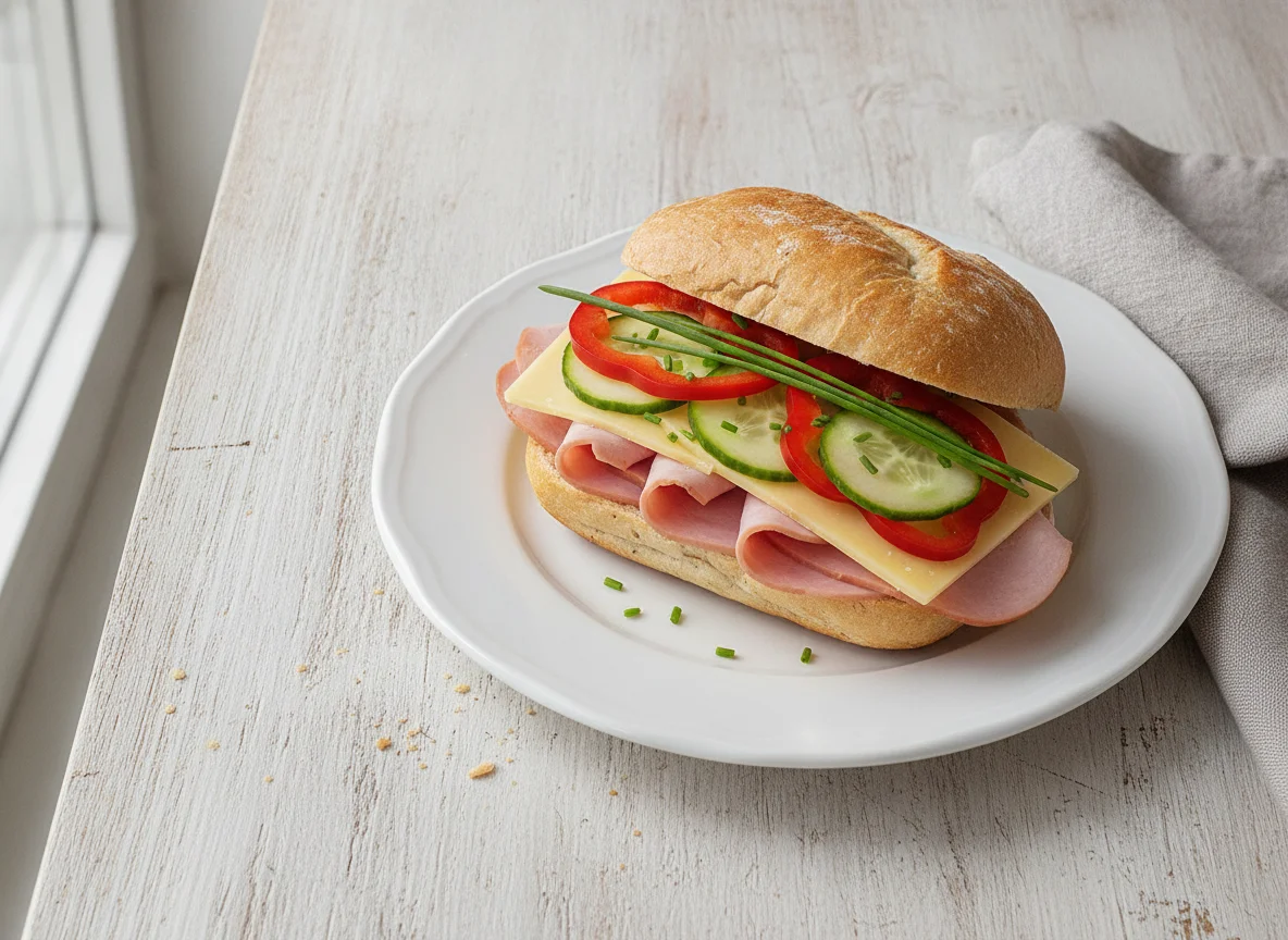 Belegtes Brötchen mit Schinken, Käse und Gemüse photo