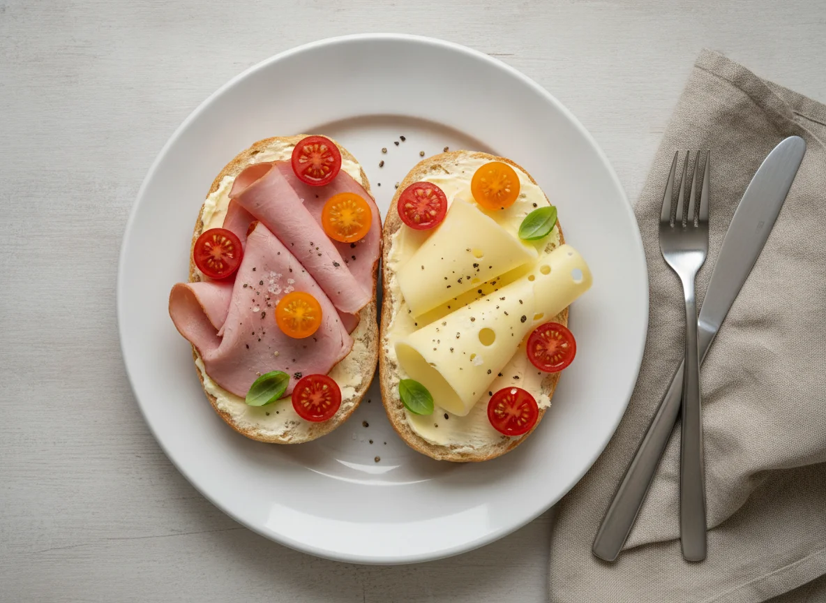 Belegtes Brötchen mit Schinken, Käse und Tomaten photo
