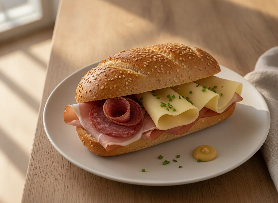 Belegtes Brötchen mit Schinken, Salami und Käse photo
