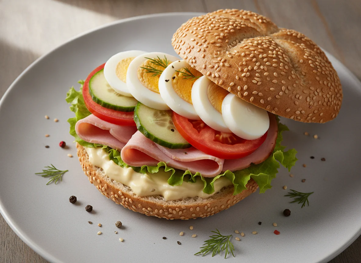 Belegtes Brötchen mit Schinken und Ei photo