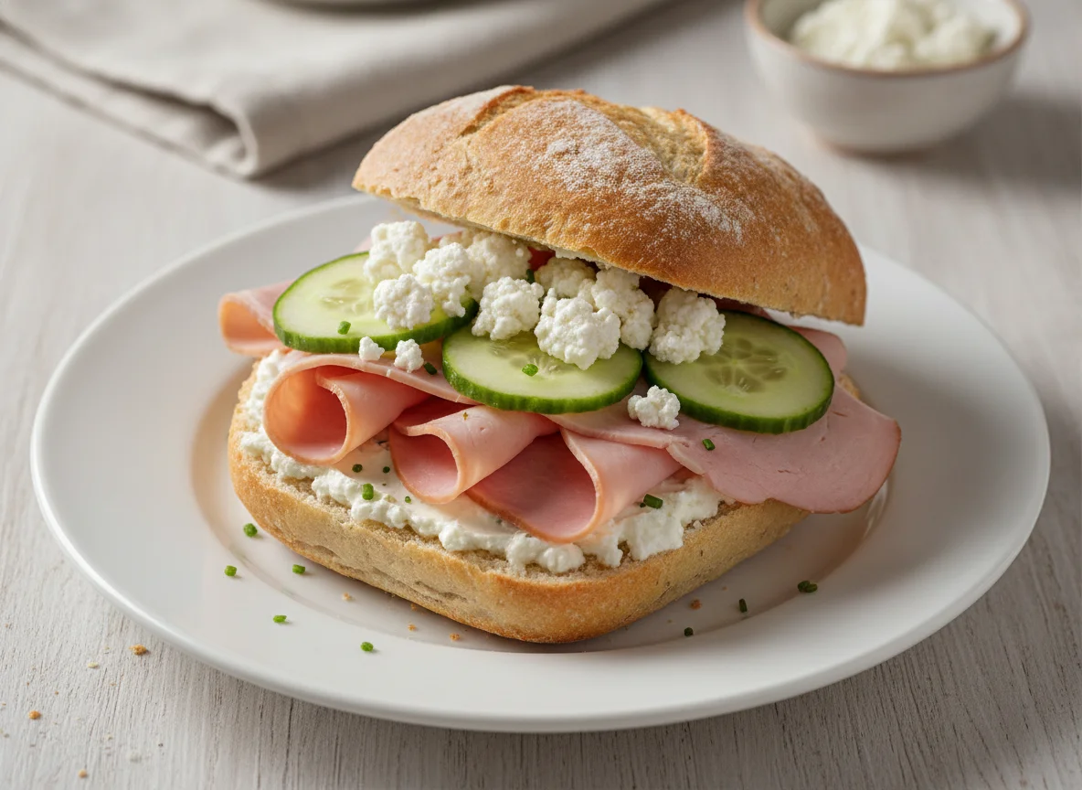 Belegtes Brötchen mit Schinken und Frischkäse photo