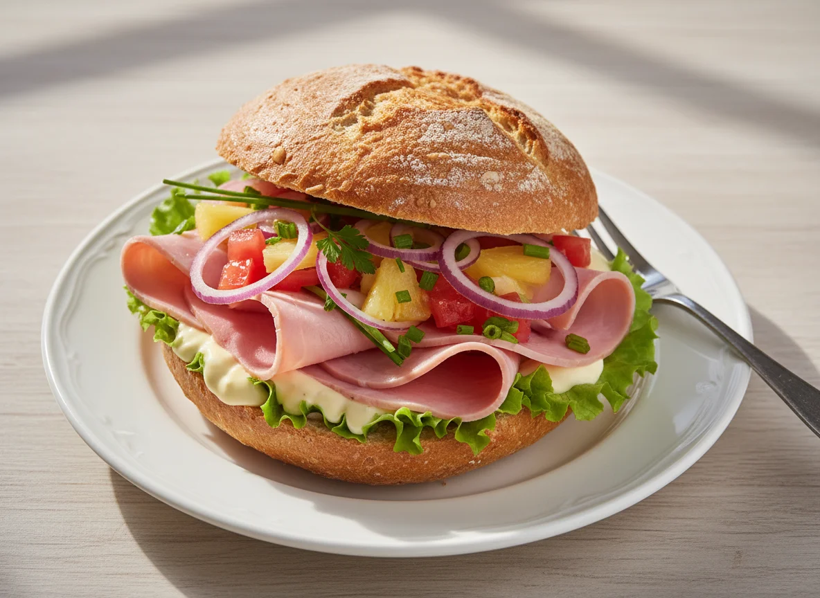Belegtes Brötchen mit Schinken und Gemüse photo