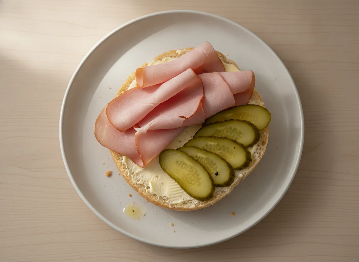 Belegtes Brötchen mit Schinken und Gewürzgurken photo