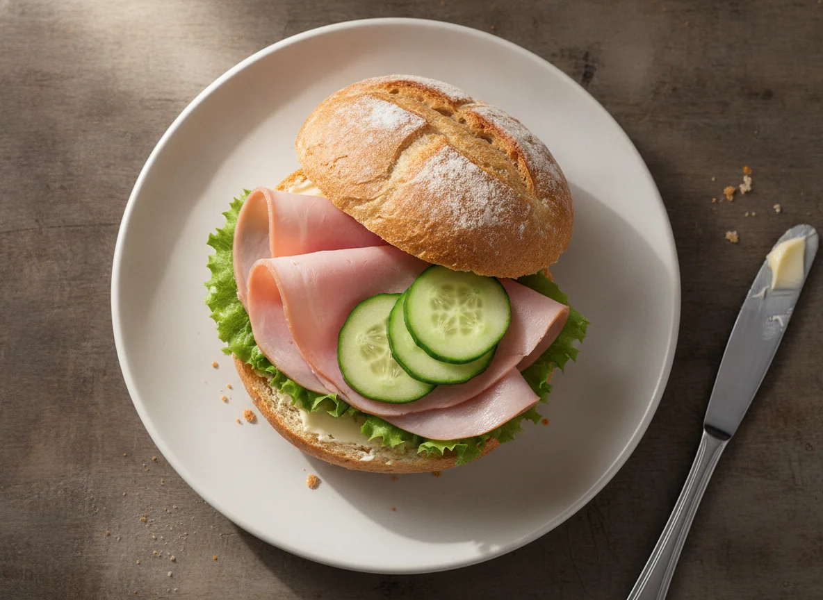 Belegtes Brötchen mit Schinken und Gurke photo