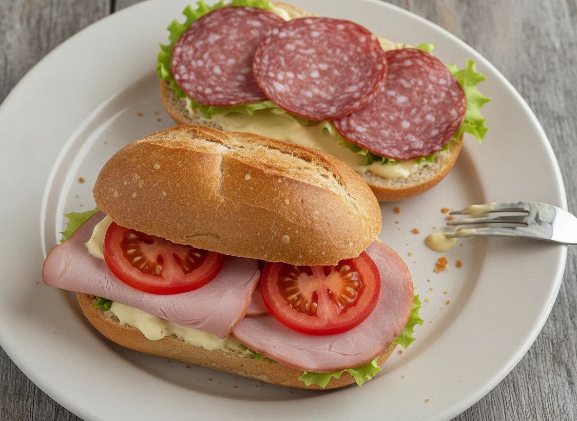 Belegtes Brötchen mit Schinken und Salami photo