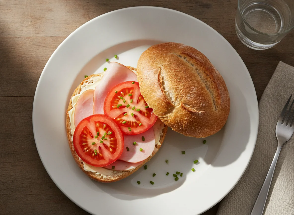 Belegtes Brötchen mit Schinken und Tomaten photo