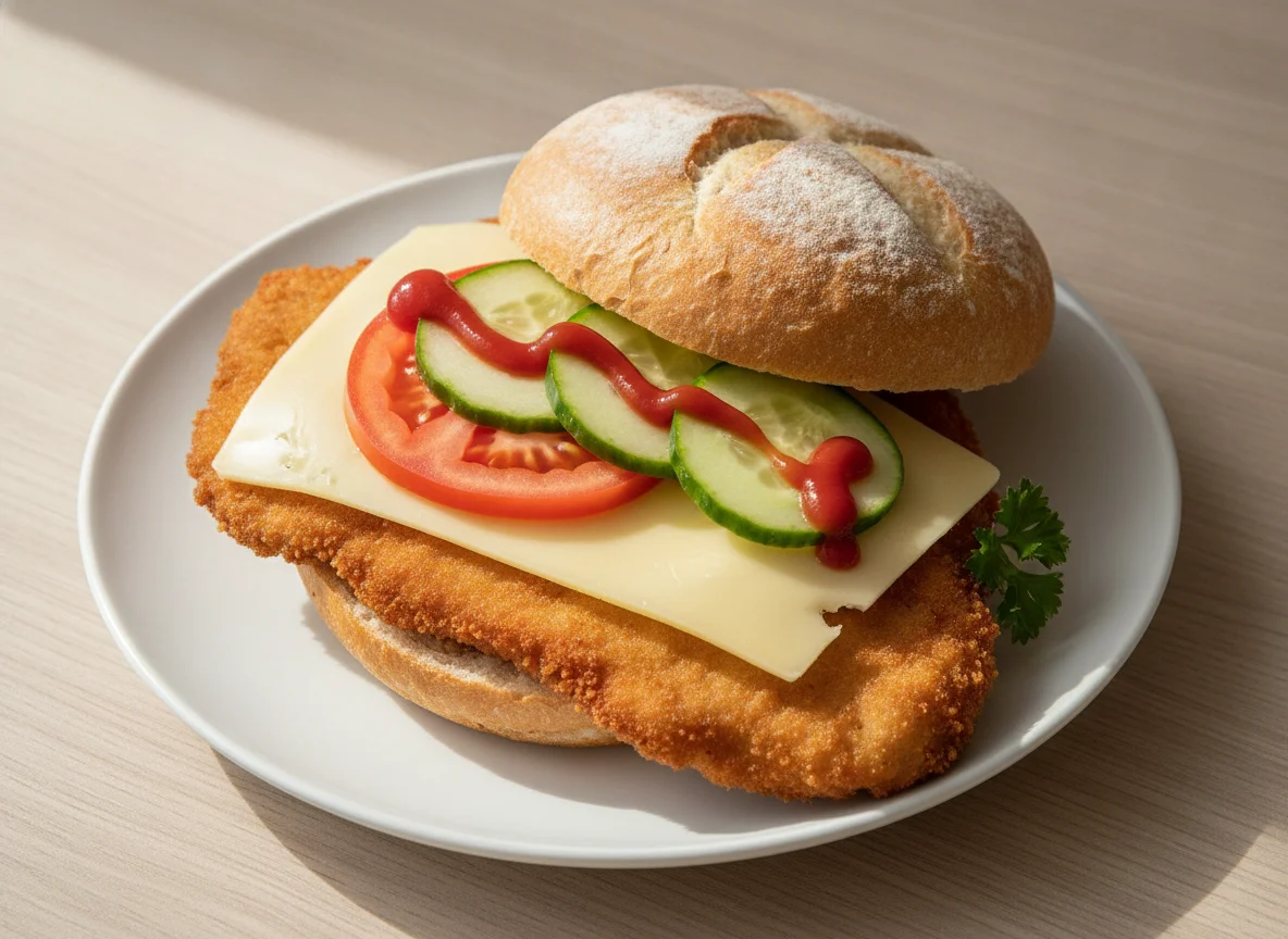 Belegtes Brötchen mit Schnitzel und Gemüse photo