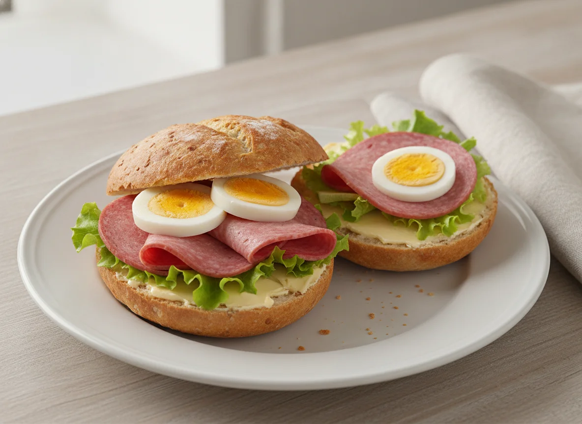 Belegtes Brötchen mit Wurst und Ei photo