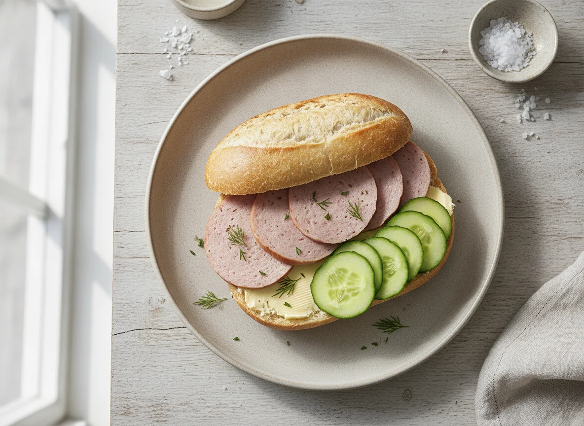 Belegtes Brötchen mit Wurst und Gurke photo