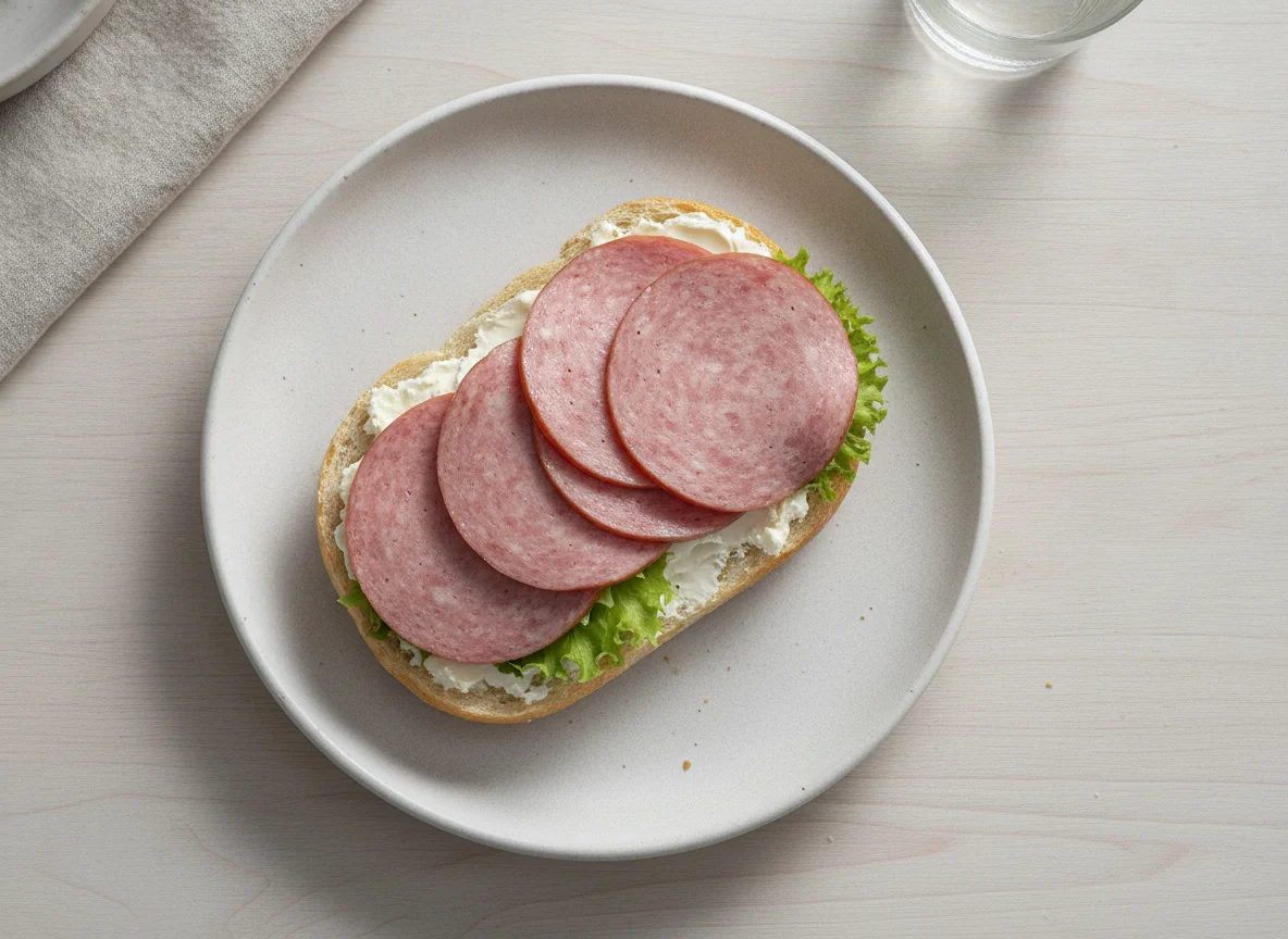 Belegtes Brötchen mit Wurst und Salat photo