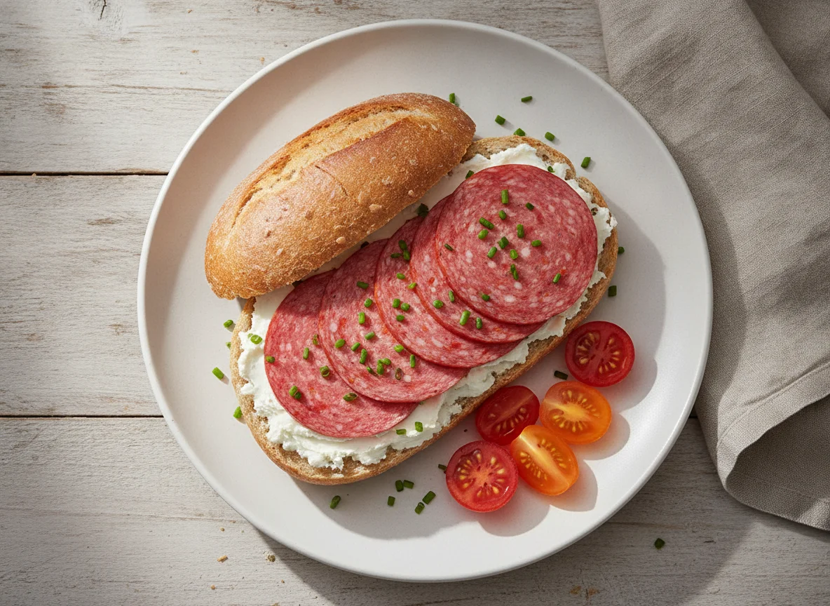 Belegtes Brötchen mit Wurst und Tomaten photo