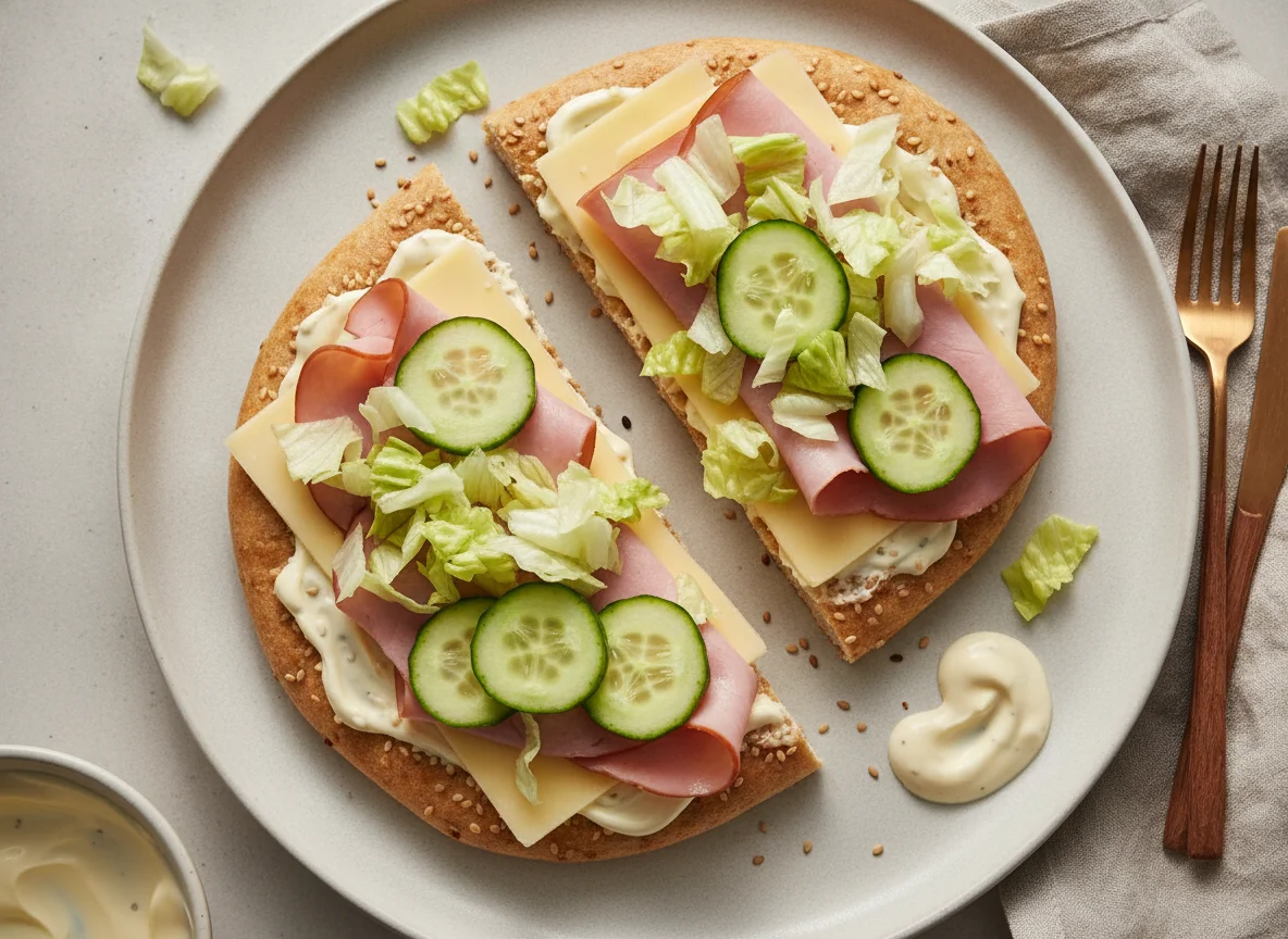 Belegtes Fladenbrot mit Käse und Schinken photo
