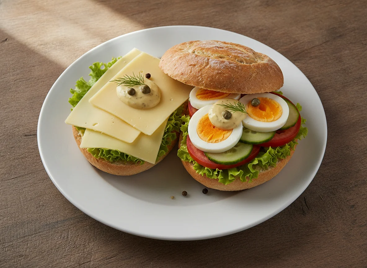 Belegtes Käsebrötchen mit Ei photo