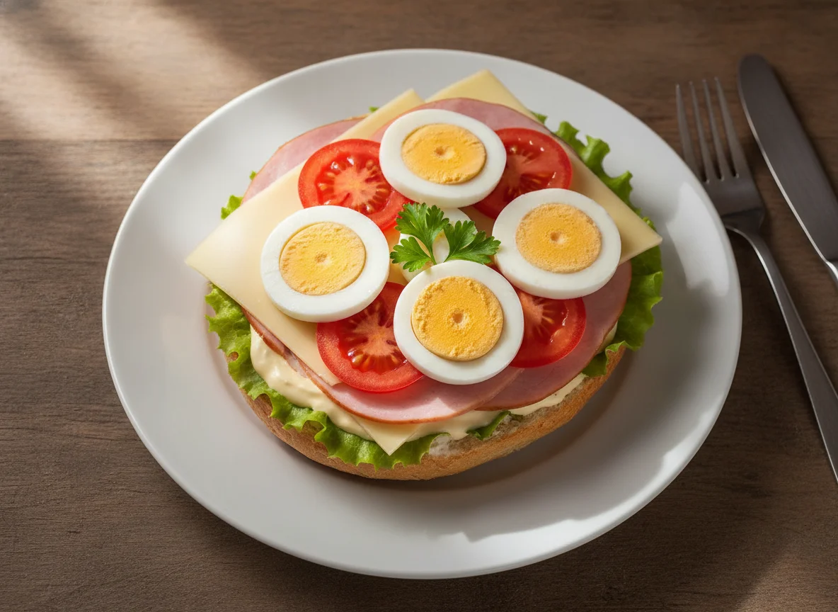 Belegtes Käsebrötchen mit Schinken und Ei photo