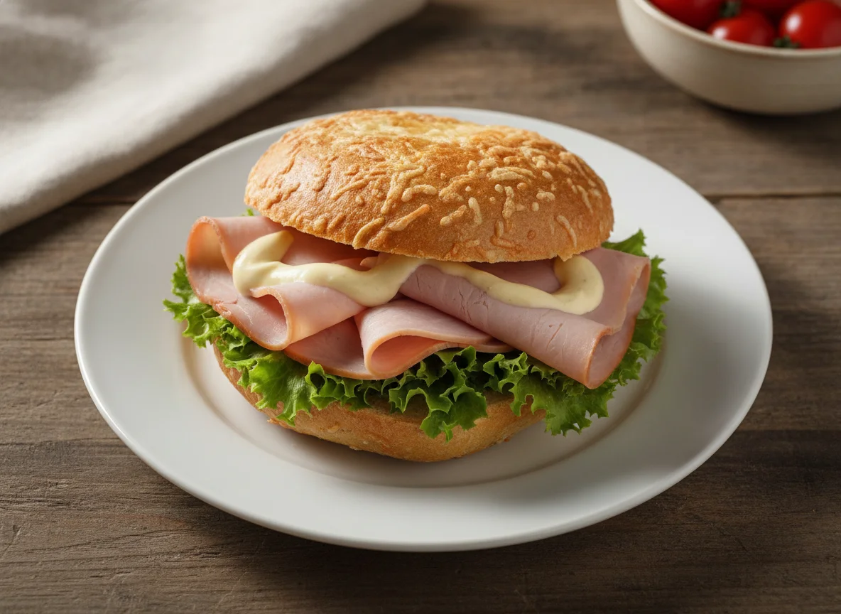 Belegtes Käsebrötchen mit Schinken photo
