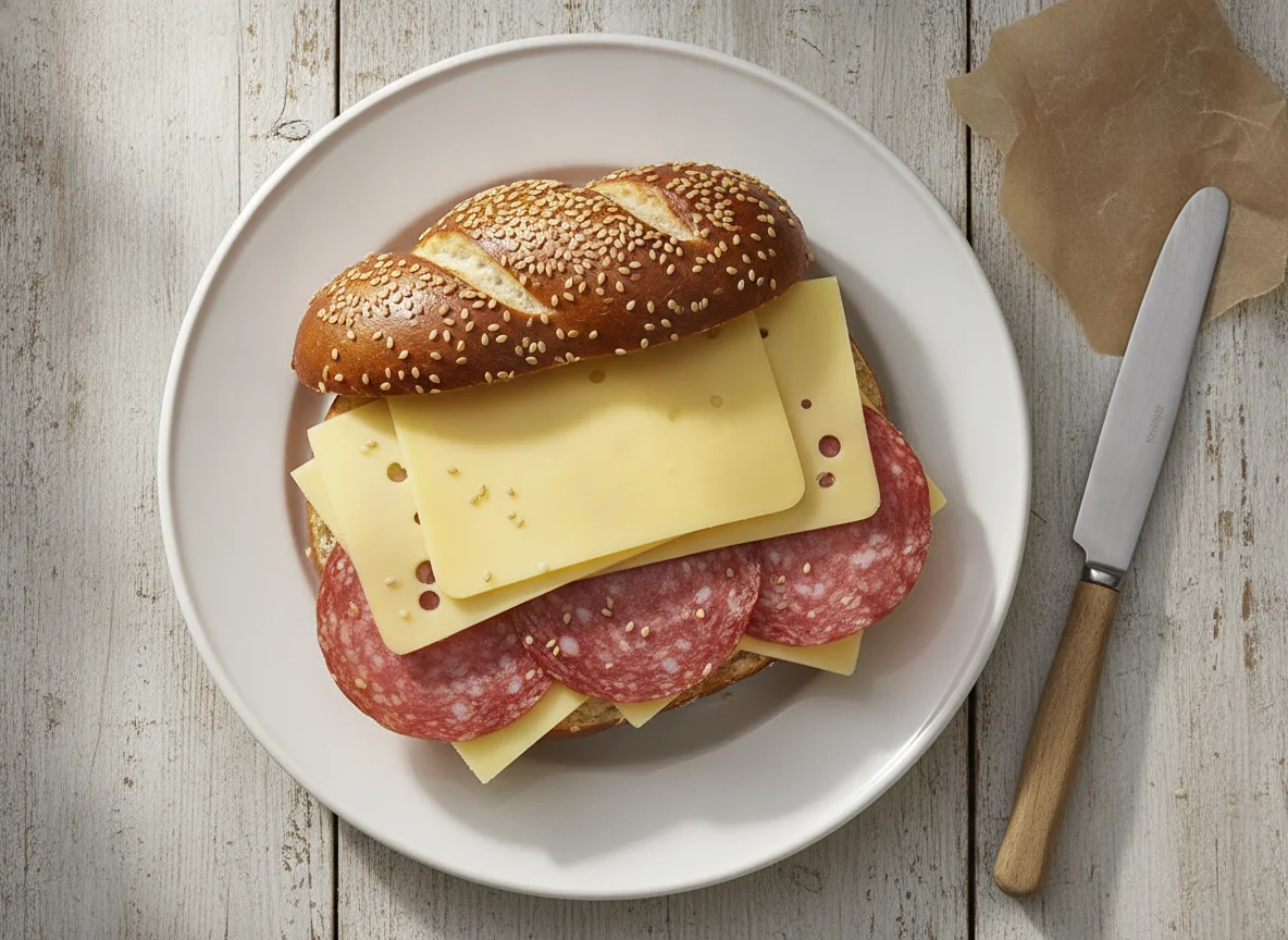 Belegtes Laugenbrötchen mit Salami und Käse photo