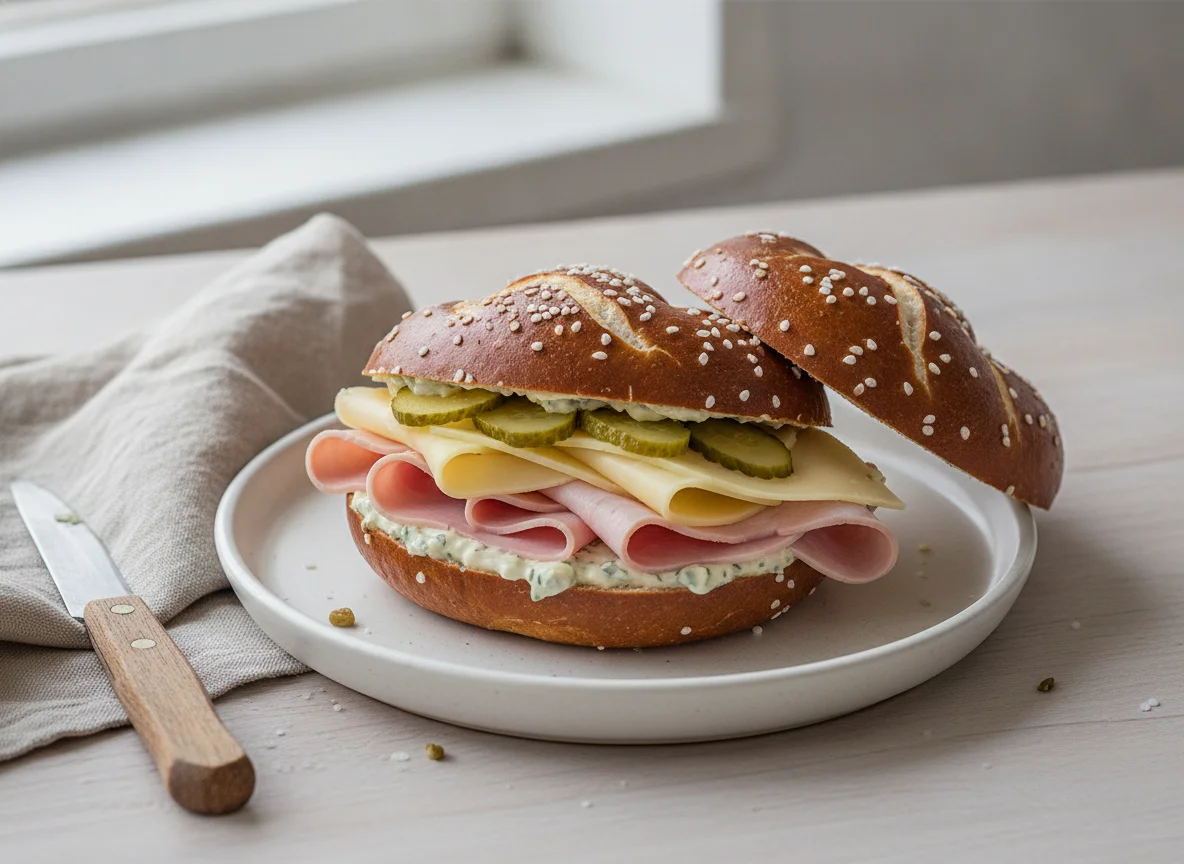 Belegtes Laugenbrötchen mit Schinken und Käse photo