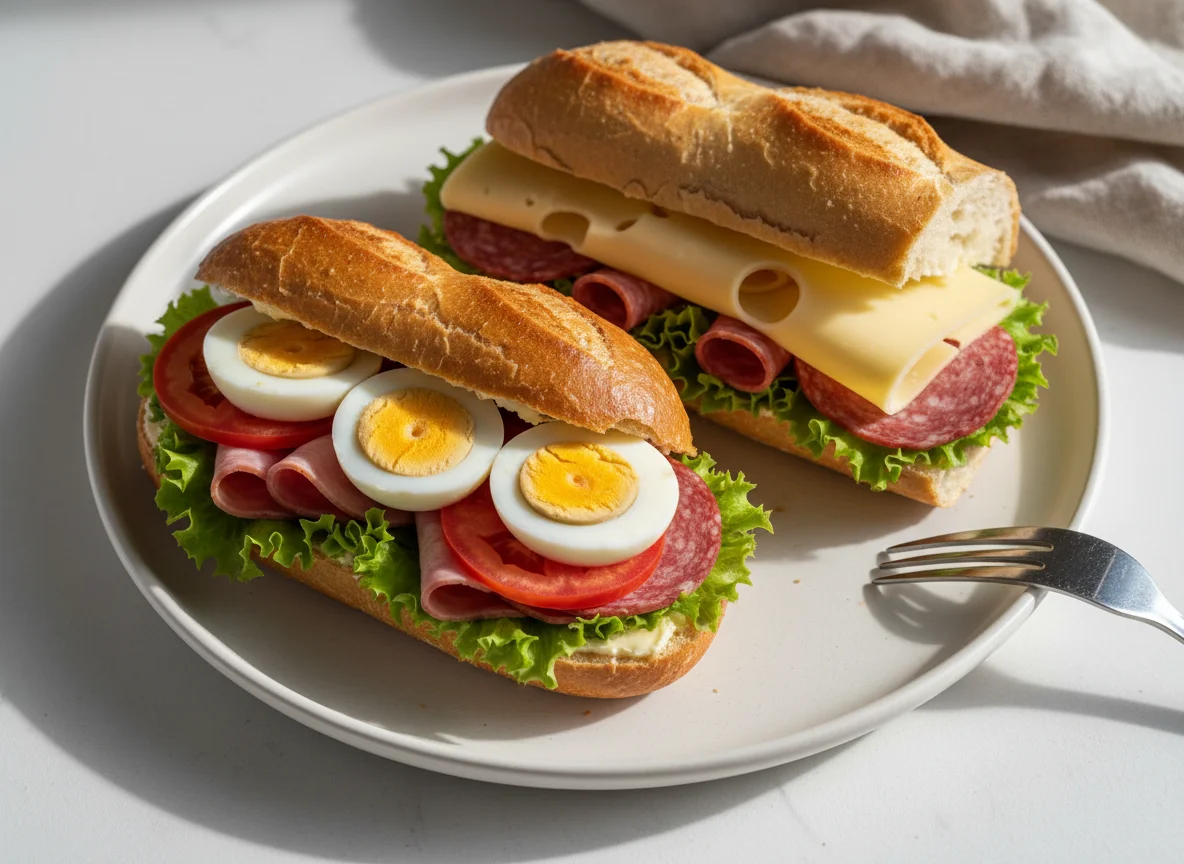 Belegtes Laugenstangerl und Baguette mit Salami, Ei und Salat photo