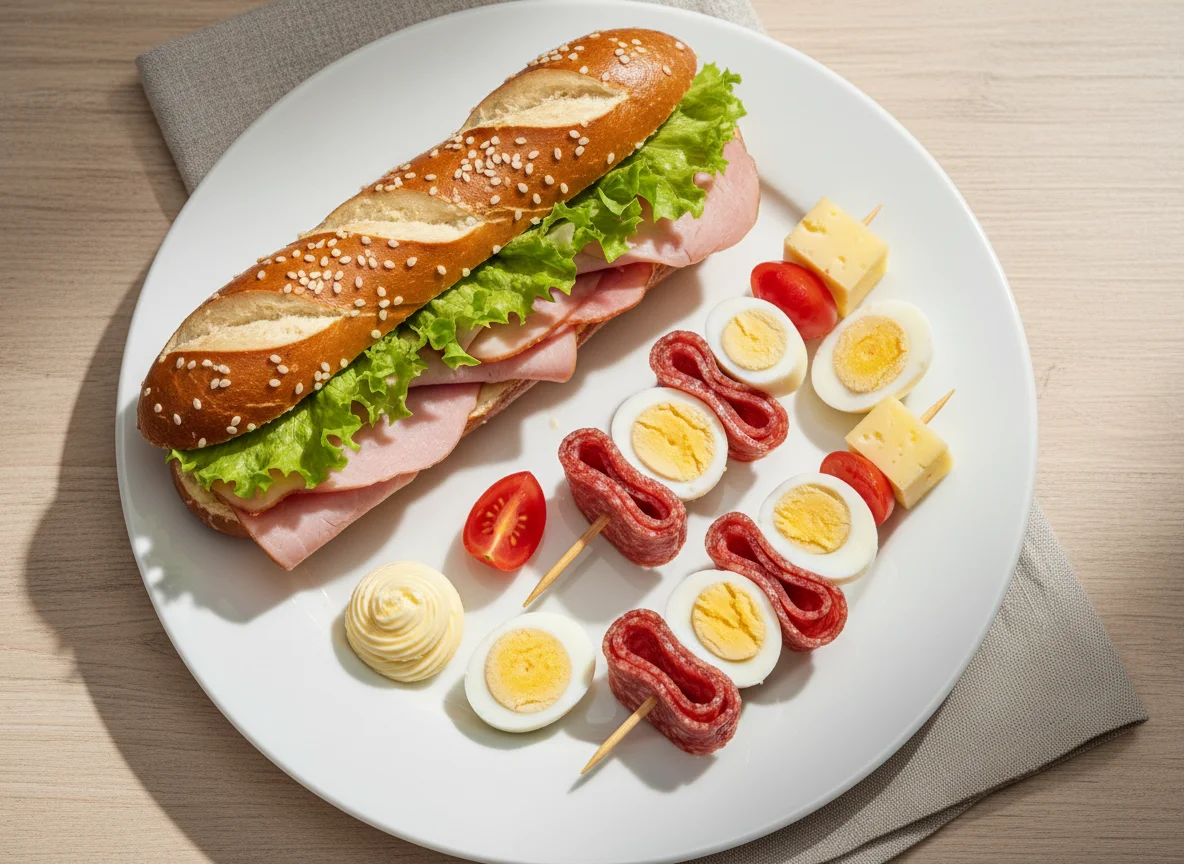 Belegtes Laugenstangerl und Salami-Käse-Häppchen photo