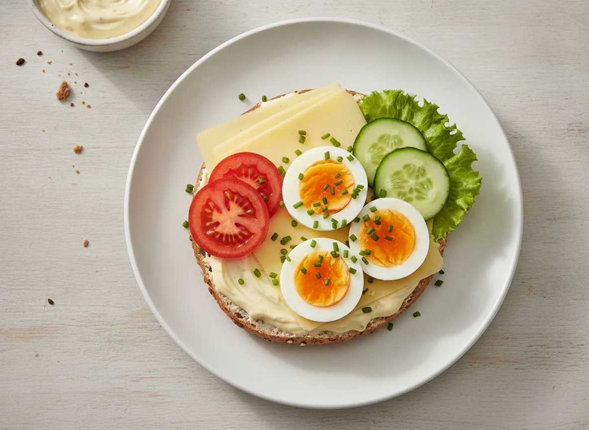 Belegtes Mehrkornbrötchen mit Ei und Käse photo