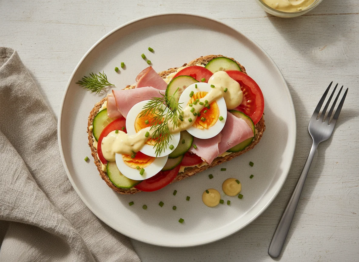 Belegtes Mehrkornbrötchen mit Ei und Schinken photo