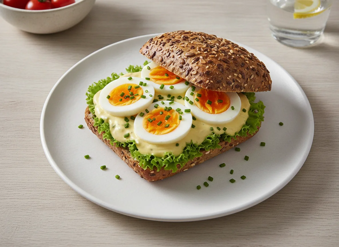 Belegtes Mehrkornbrötchen mit Ei photo