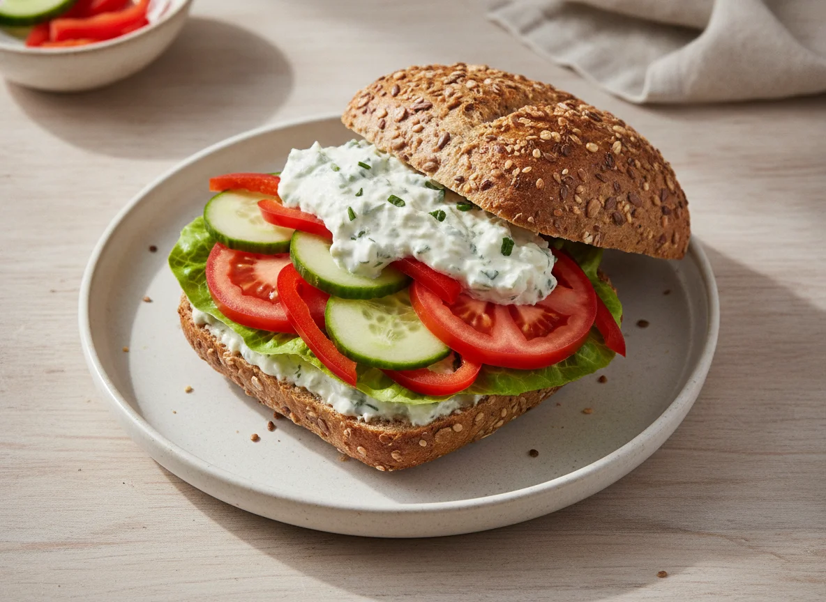 Belegtes Mehrkornbrötchen mit Gemüse photo