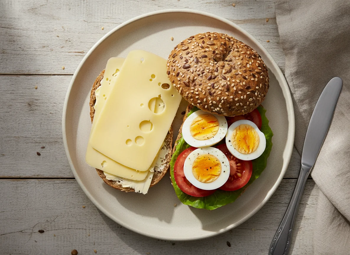 Belegtes Mehrkornbrötchen mit Käse und Ei photo