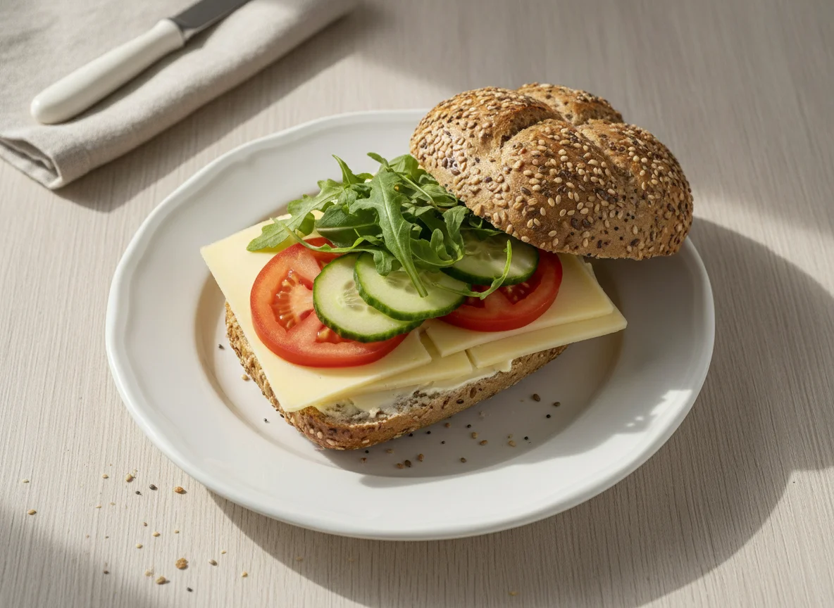 Belegtes Mehrkornbrötchen mit Käse und Gemüse photo