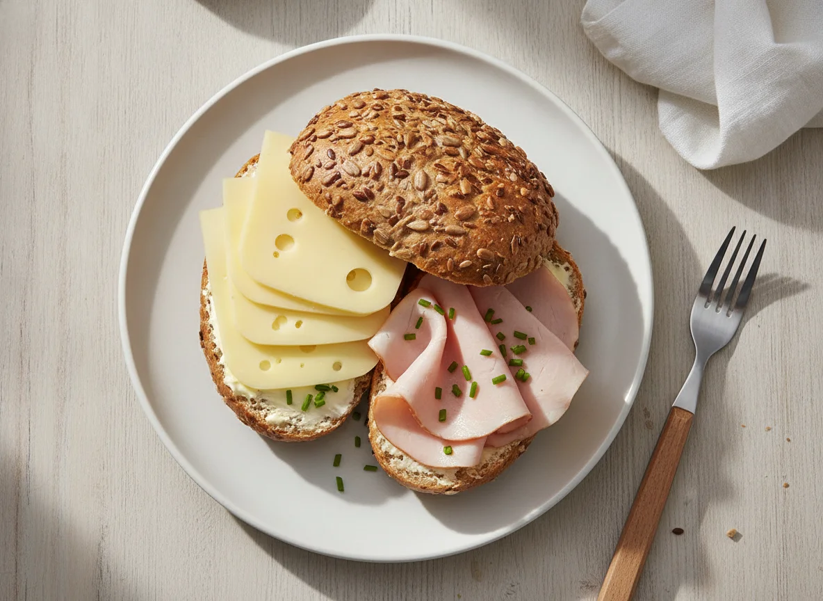 Belegtes Mehrkornbrötchen mit Käse und Putenbrust photo