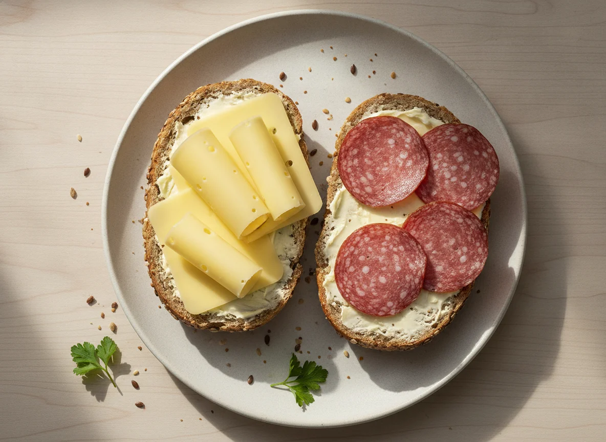 Belegtes Mehrkornbrötchen mit Käse und Salami photo