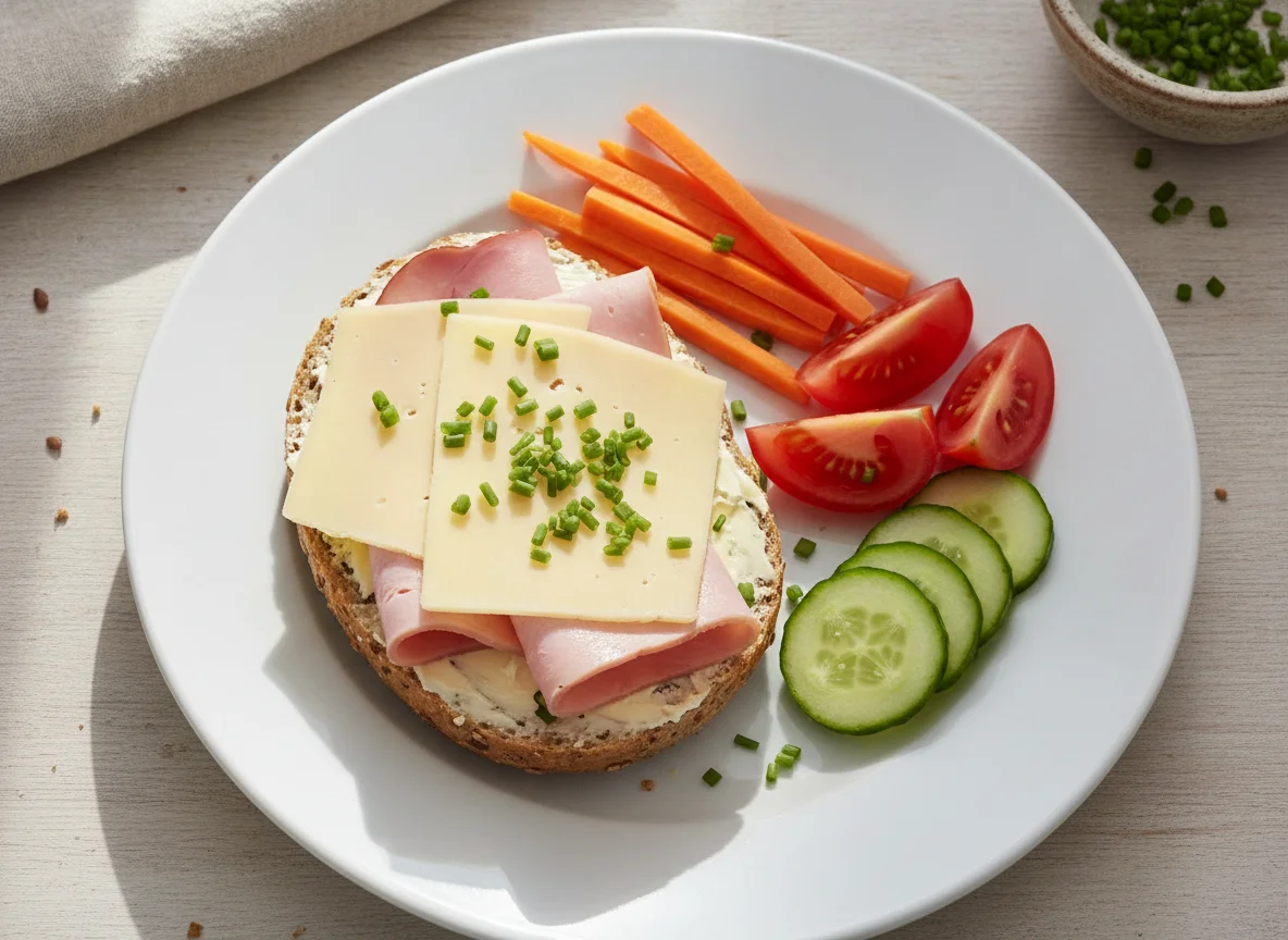 Belegtes Mehrkornbrötchen mit Käse und Schinken photo