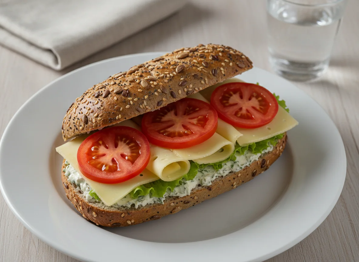 Belegtes Mehrkornbrötchen mit Käse und Tomate photo