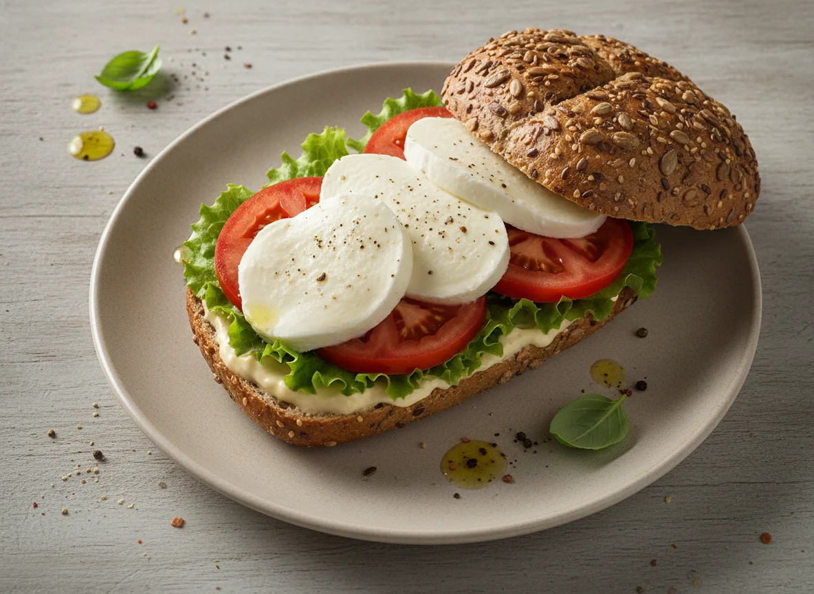 Belegtes Mehrkornbrötchen mit Mozzarella und Tomate photo
