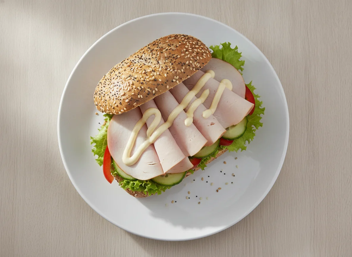 Belegtes Mehrkornbrötchen mit Pute photo