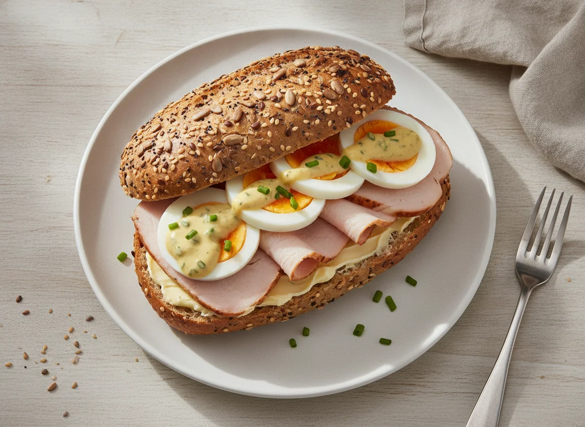 Belegtes Mehrkornbrötchen mit Pute und Ei photo