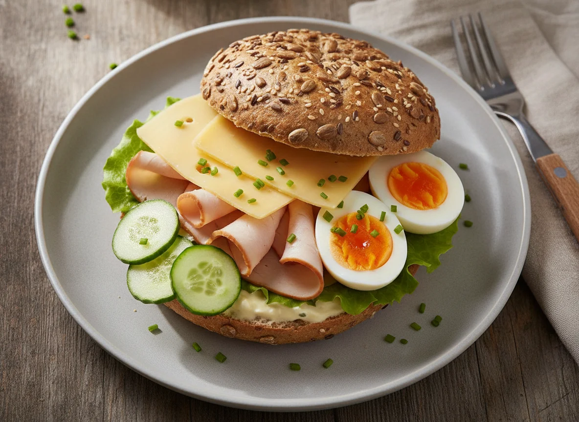 Belegtes Mehrkornbrötchen mit Pute und Käse photo