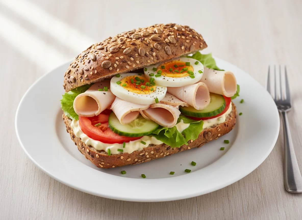 Belegtes Mehrkornbrötchen mit Putenbrust photo